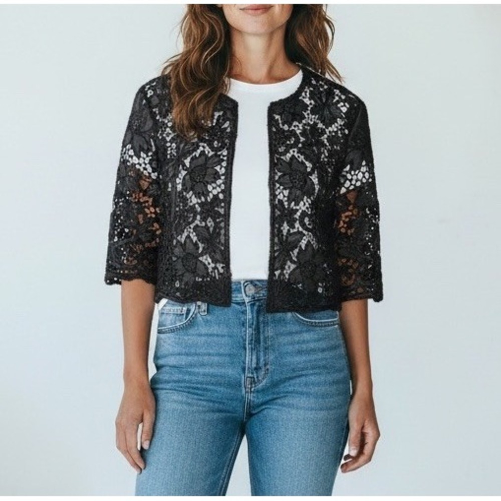 The Wright Leather Lazer‎ Cut Black Crop Evening Blazer Size 4 Party Occasion